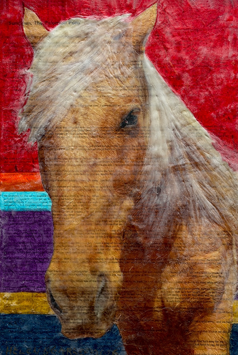 Sundown's Story — mixed media on wood panel by Helen K. Garber